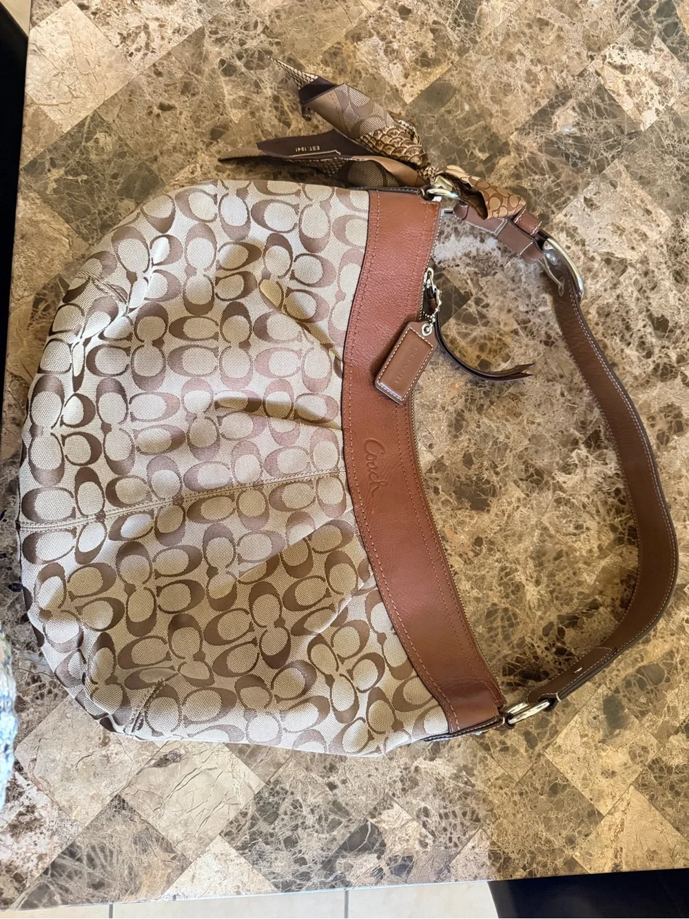 Coach Beige Signature Canvas Hobo with Brown Leather Trim